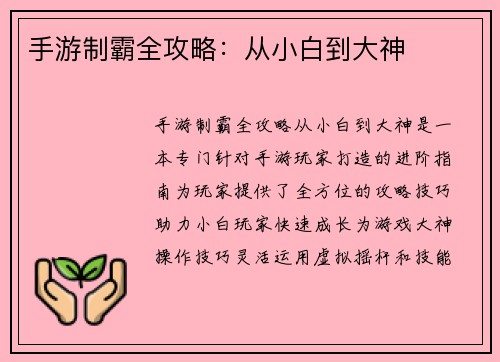 手游制霸全攻略：从小白到大神